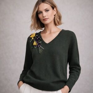 Carlisle Cotton Cashmere V-Neck Sweater Forest Green Floral Embellished Size L